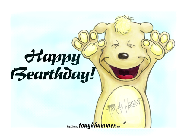 Happy Teddy with raised arms: &ldquo;Happy Bearthday!&rdquo;