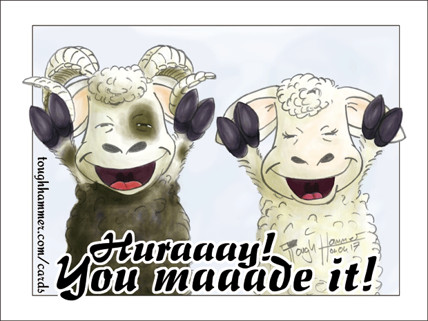 Sheep with raised arms: &ldquo;Huraaay! You maaade it!&rdquo;
