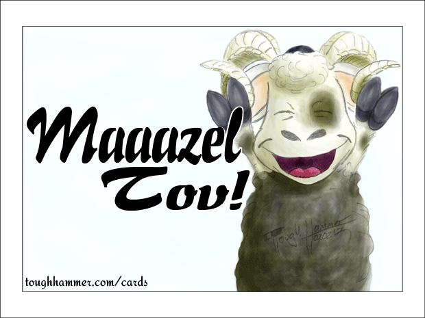 Sheep with raised arms: &ldquo;Maaazel Tov!&rdquo;