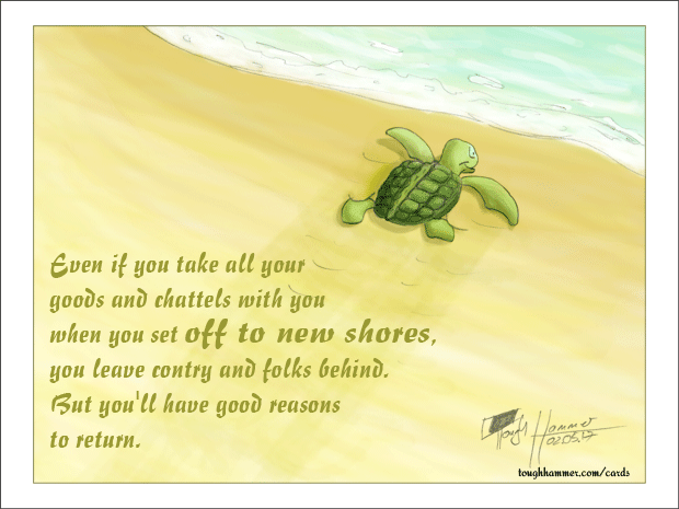 Little turtle crawling into the sea: &ldquo;Even if you take all your goods and chattels with you when you set off to new shores, you leave contry and folks behind. But you'll have good reasons to return.&rdquo;