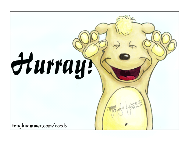 Happy teddy with his hands in the air: &ldquo;Hurray!&rduo;