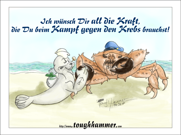 Robbe die mit einem riesen Monsterkrebs Armdr&uuml;cken macht: &ldquo;Ich w&uuml;sch Dir alle Kraft, die Du f�r den Kampf gegen den Krebs brauchst!&rdquo;