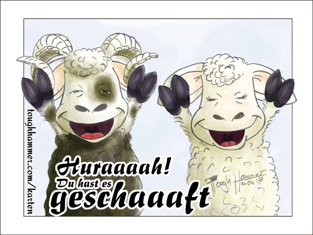Schafe mit hochgestreckten Armen: &ldquo;Huraaah! Du hast es geschaaaft!&rdquo;