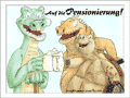 Alligator, Drachenechse und Schildkröte stossen mit Schnabeltasse auf die Pensionierung an.