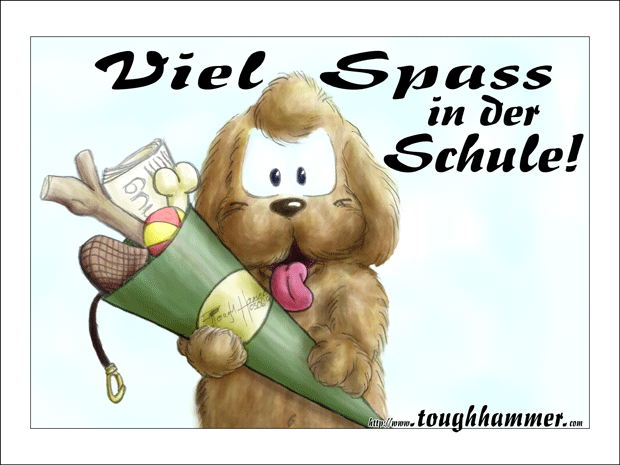 Hund mit gef&uuml;llter Schult&uuml;te: &ldquo;Viel Spass in der Schule!&rdquo;