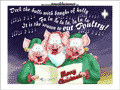 3 Schweine im Weihnachtsmann- und Weihnachtselfenkostüm singen: “Deck the halls with boughs of holly. Fa la la la la, la la la la. Tis the season to EAT POULTRY!”