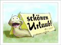 Hauslose Schnecke guckt aus einem Zelt heraus: “schönen Urlaub!”