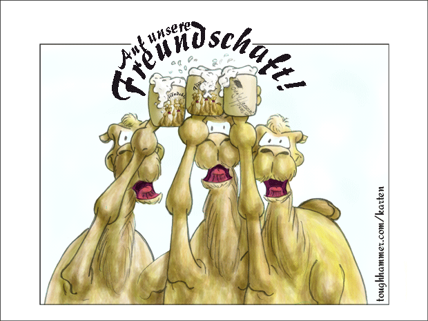 3 Kamele stossen mit Bierkr&uuml;gen an: &ldquo;Auf unsere Freundschaft!&rdquo;