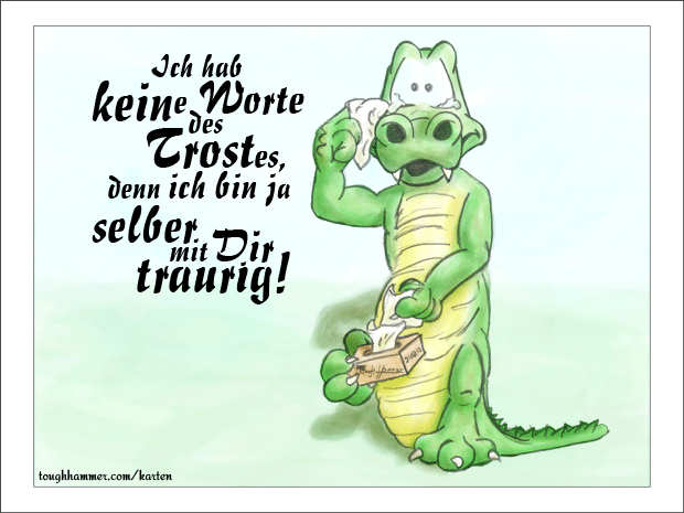 Krokodil mit Tr&auml;nen in den Augen und Taschent&uuml;chern in den H&auml;nden: &ldquo;Ich hab keine Worte des Trostes, denn ich bin ja selber mit Dir traurig!&rdquo;